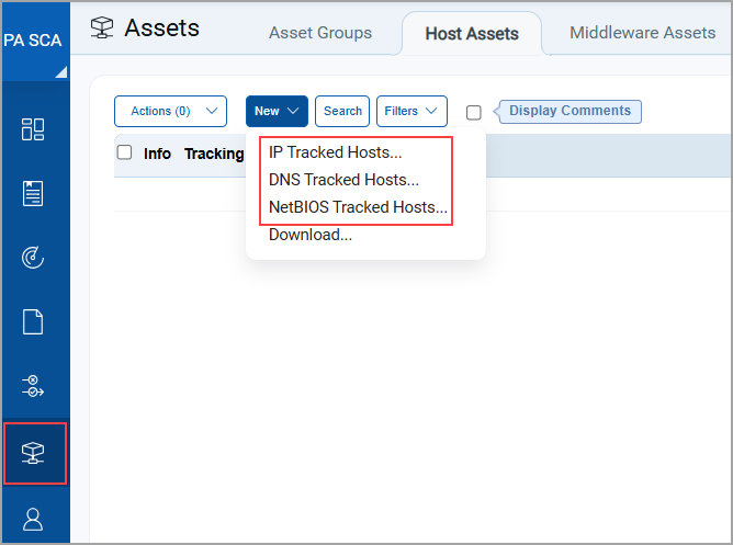 New IP, DNS or NetBIOS Tracked Hosts options on Host Assets tab