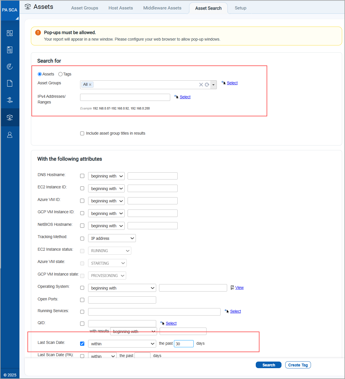 Asset Search option for finding SCA assets
