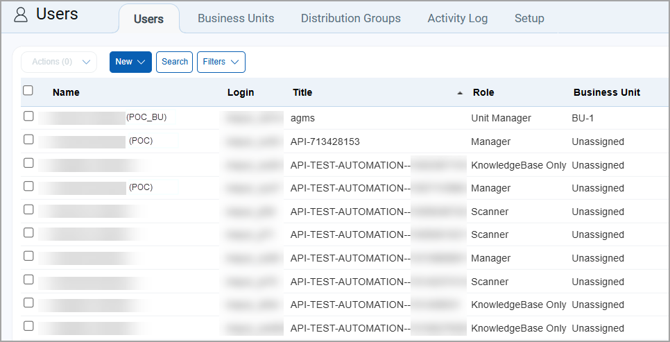 Users tab displaying the list of users.