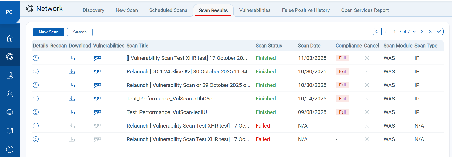PCI UI scan result listing window showing scans shared from TAS/WAS.