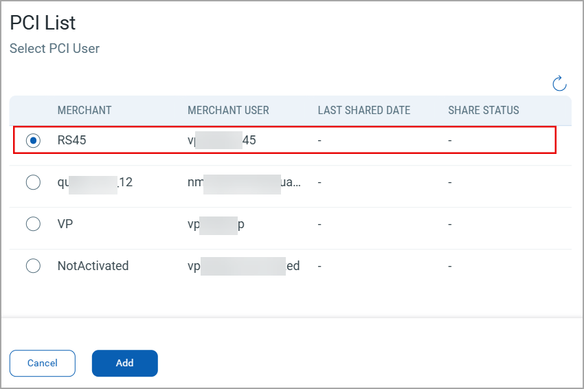 Select PCI Merchant user to share the TAS Scan.