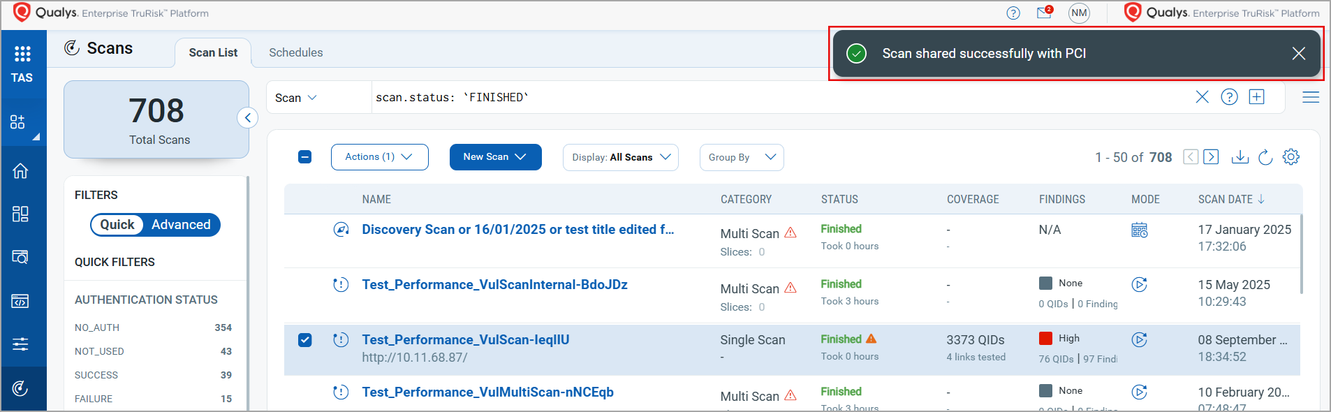 Success message for Shared TAS scan data. 