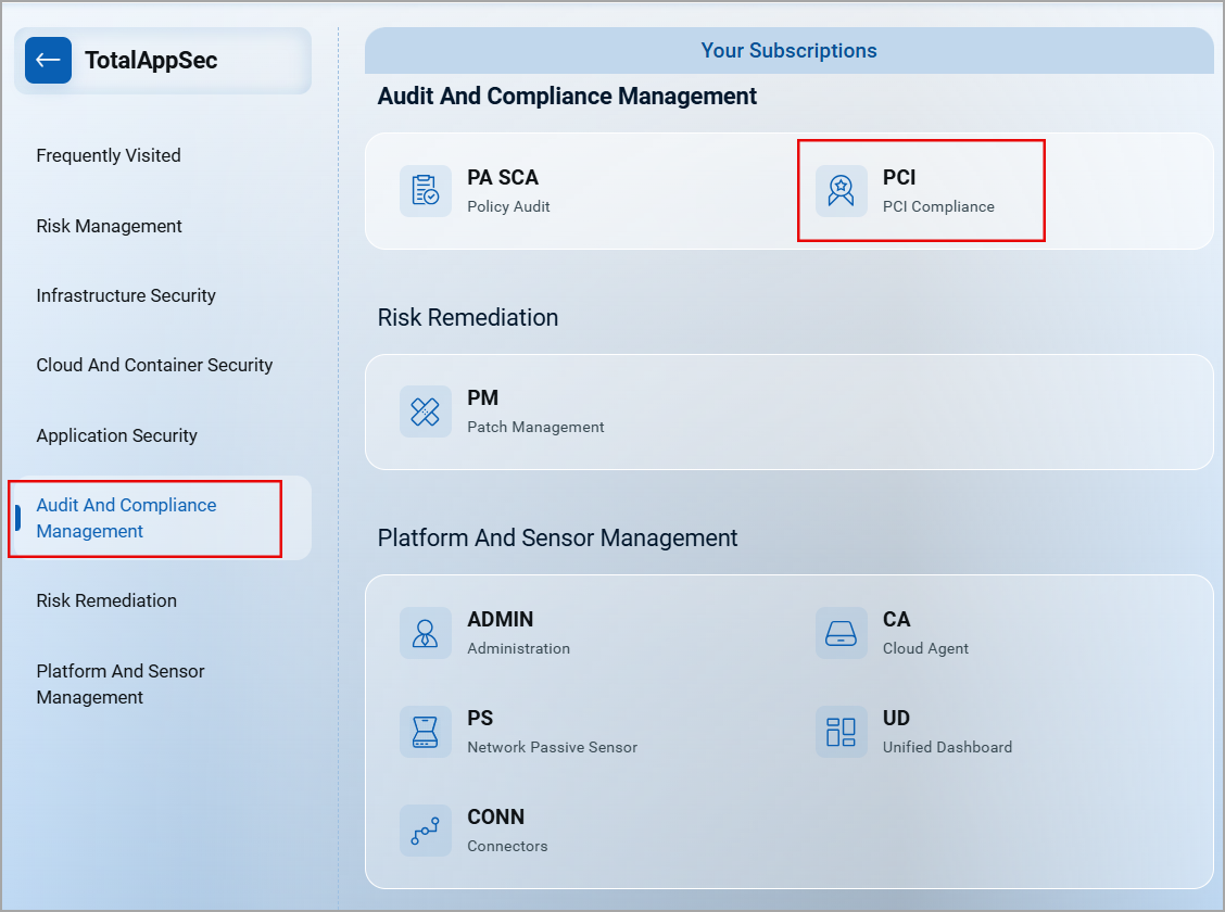 Selecting PCI Compliance from Module picker.