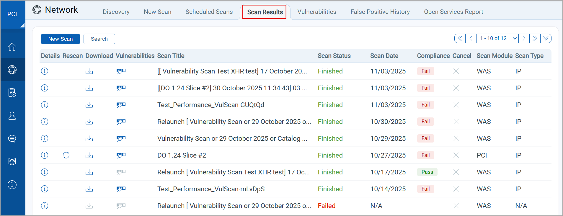 PCI UI scan result listing window showing scans shared from TAS/WAS.
