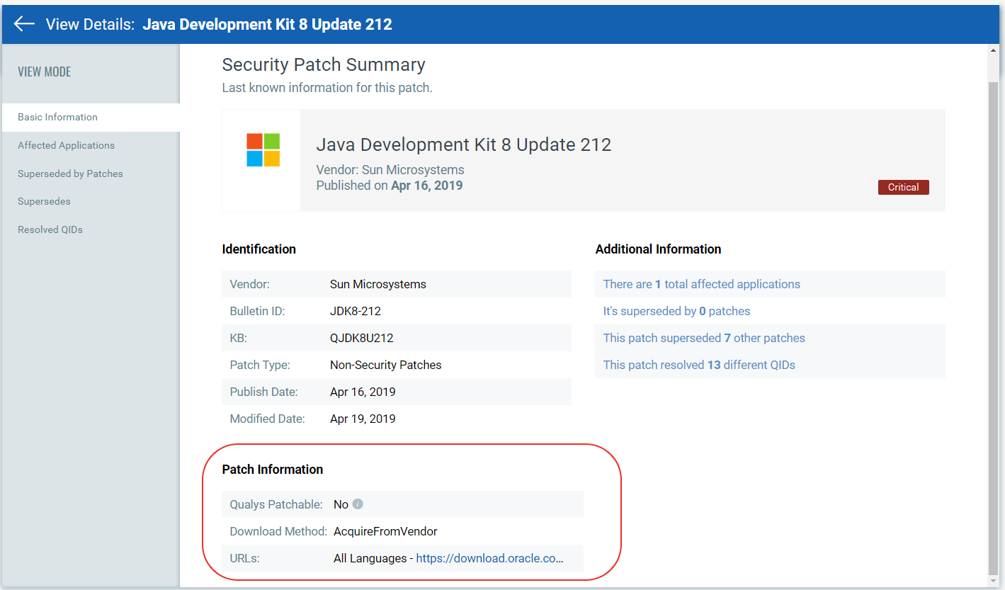 Patch section showing the URL and other patch information.