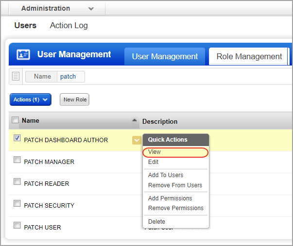 The Quick Actions menu shows the view option for the patch dashboard user.
