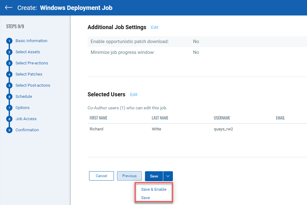 Save drop-down button showing options to save a deployment job.