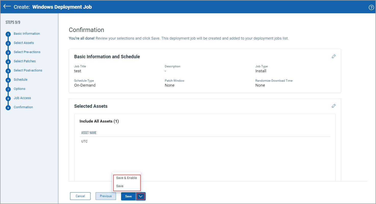 Save drop-down button showing options to save a deployment job.
