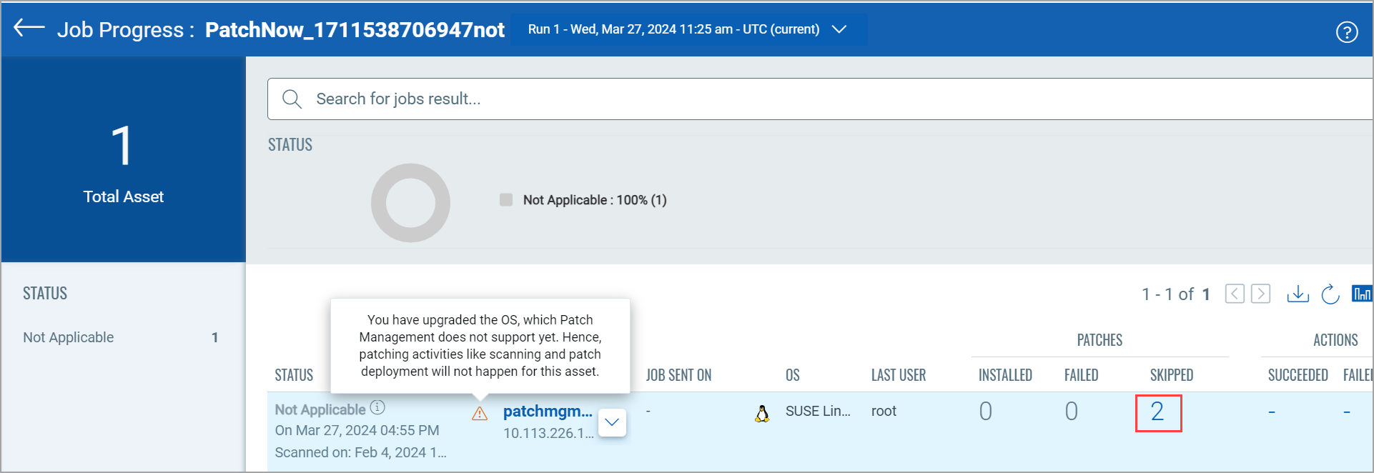 Status and Warning Message on the Job Progress Page.