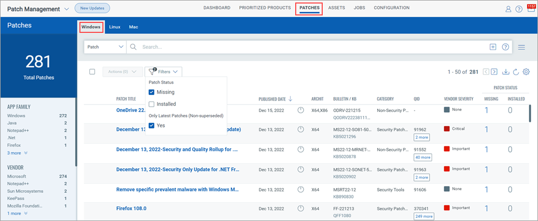 List showing patches installed on a certain agent.