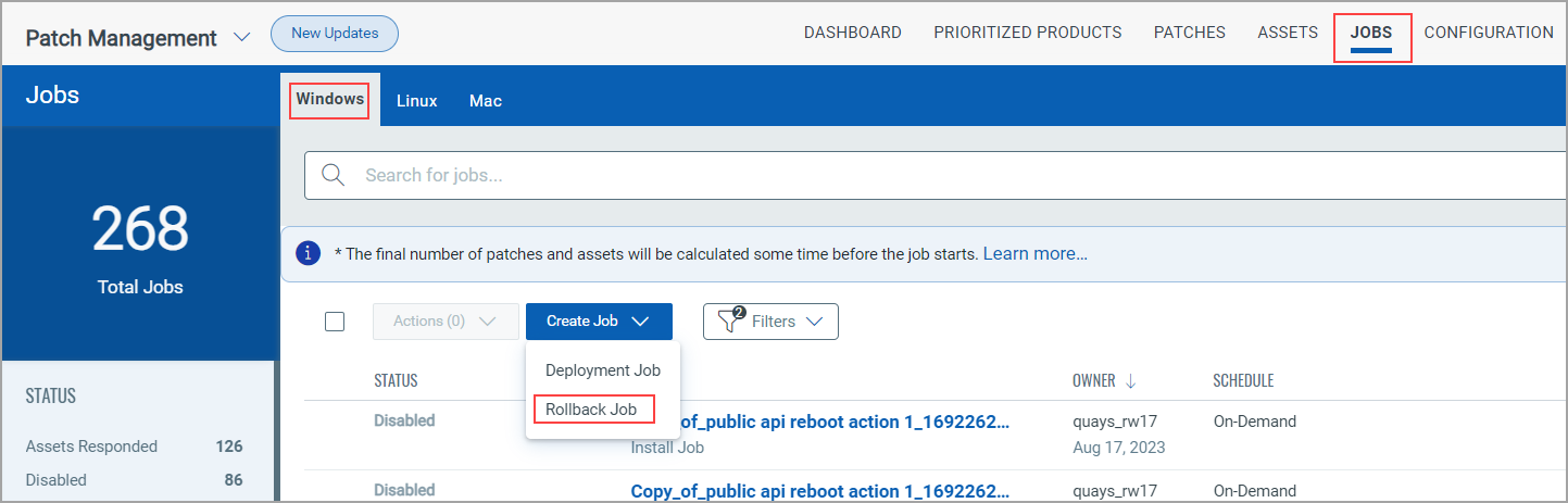 Rollback Job option.