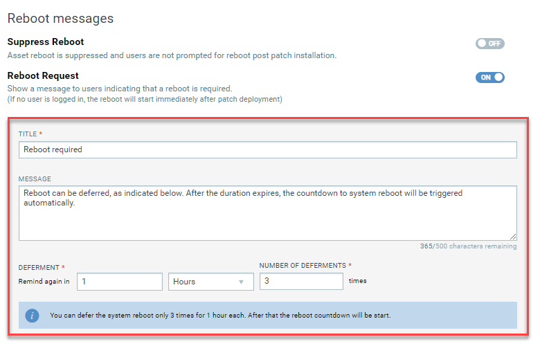 Reboot request message settings