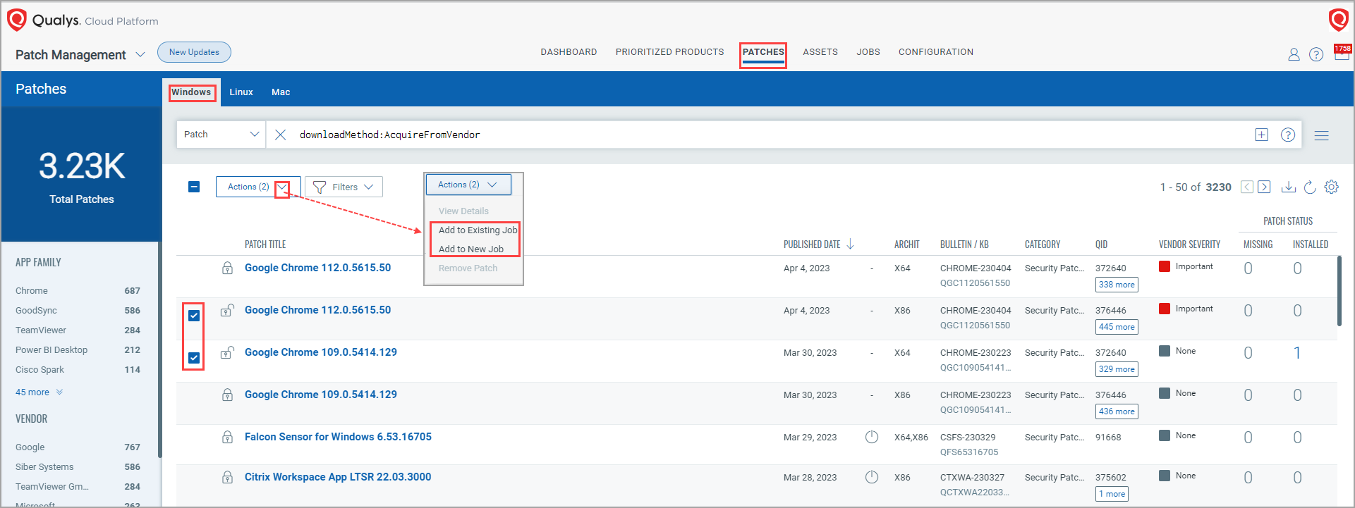 Adding multiple patches to a patch job.
