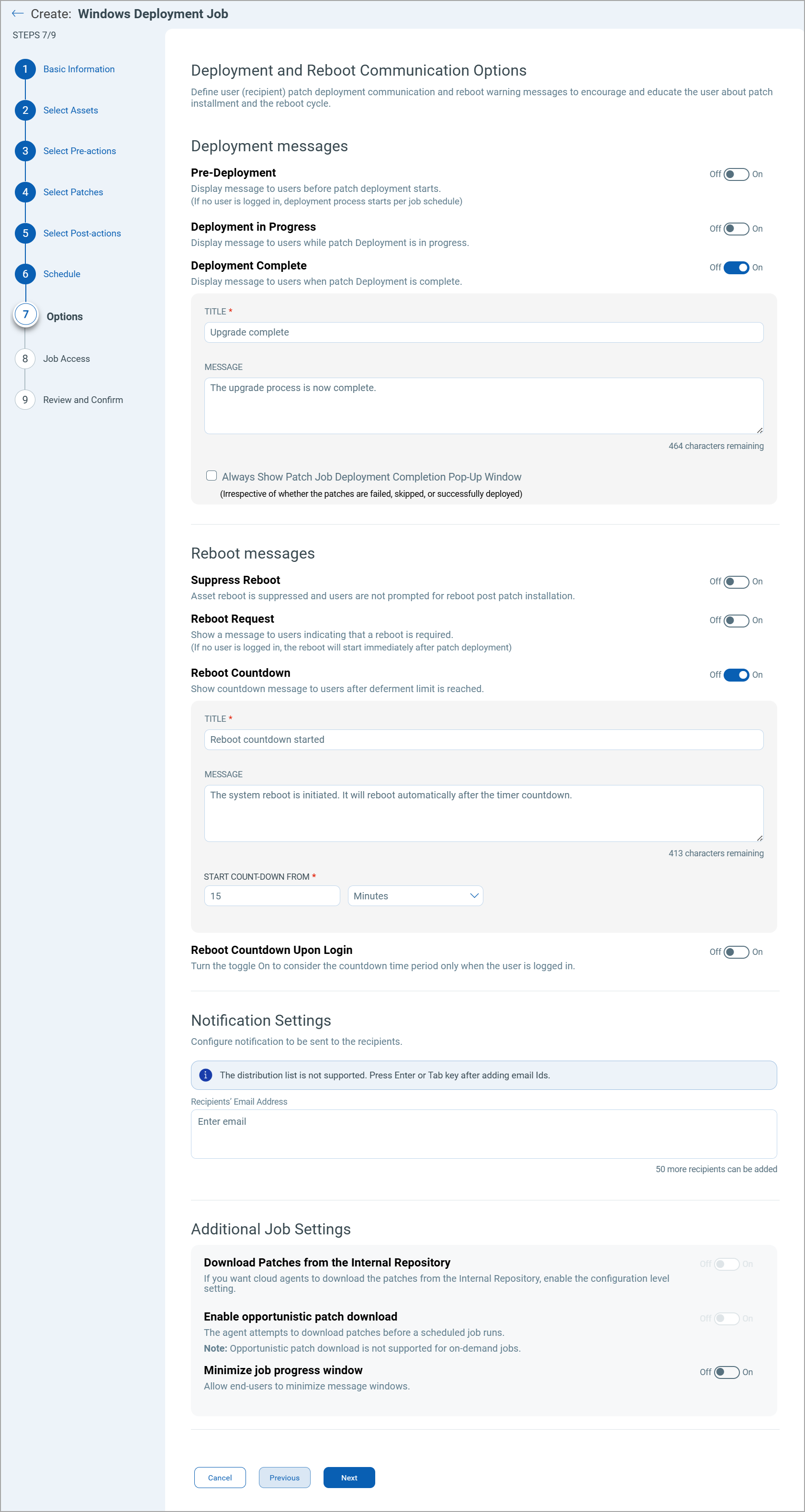 Deployment and Reboot Communication Options.