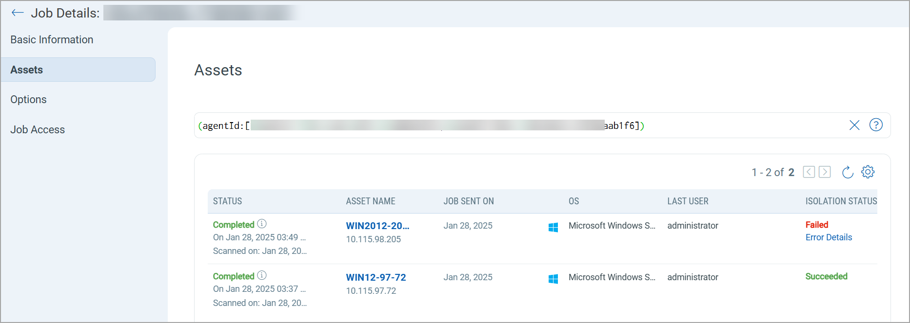 Job status for every asset that is included in the job.