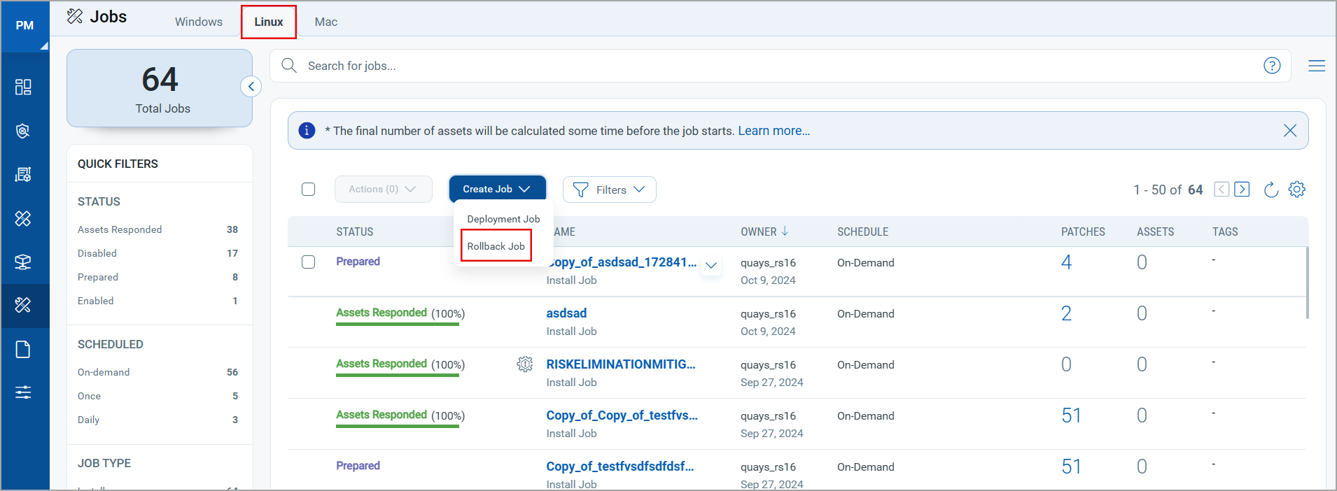 Linux Rollback Job creation.
