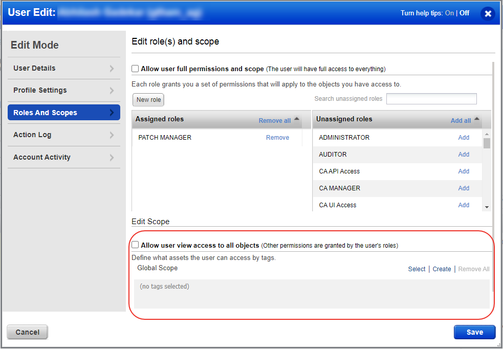 The User edit screen shows the Edit section in Roles and Scopes tab.