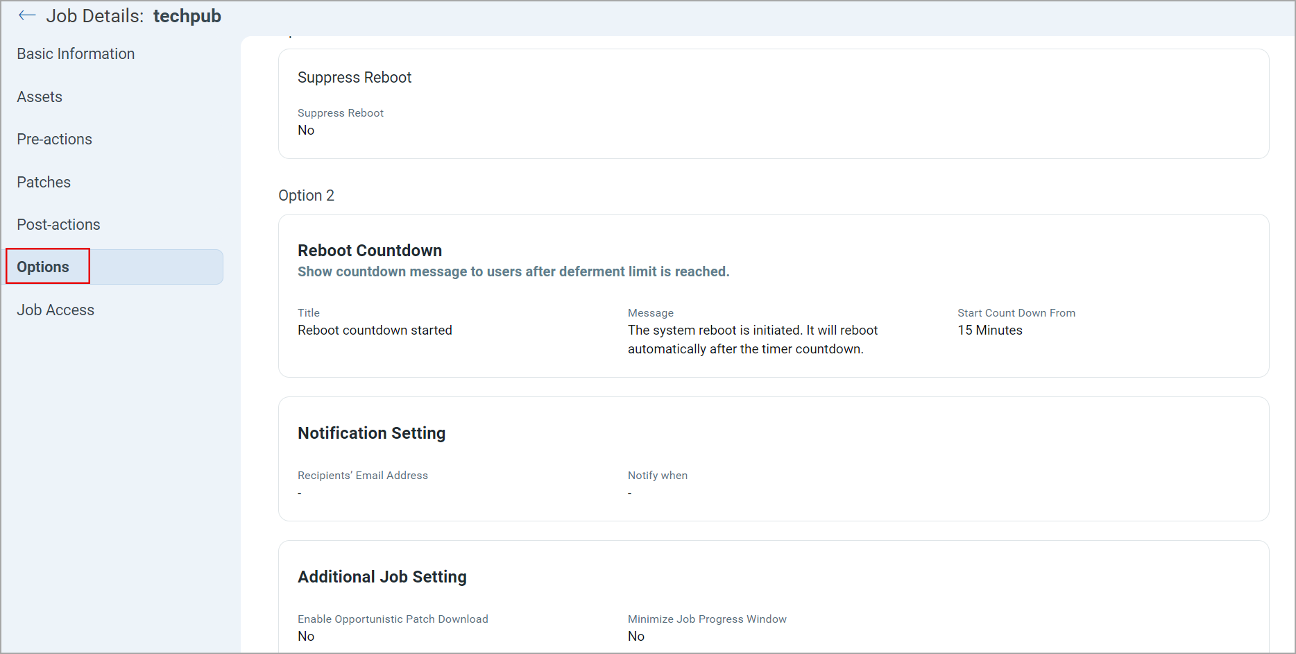 Internal repository server details - Options tab.