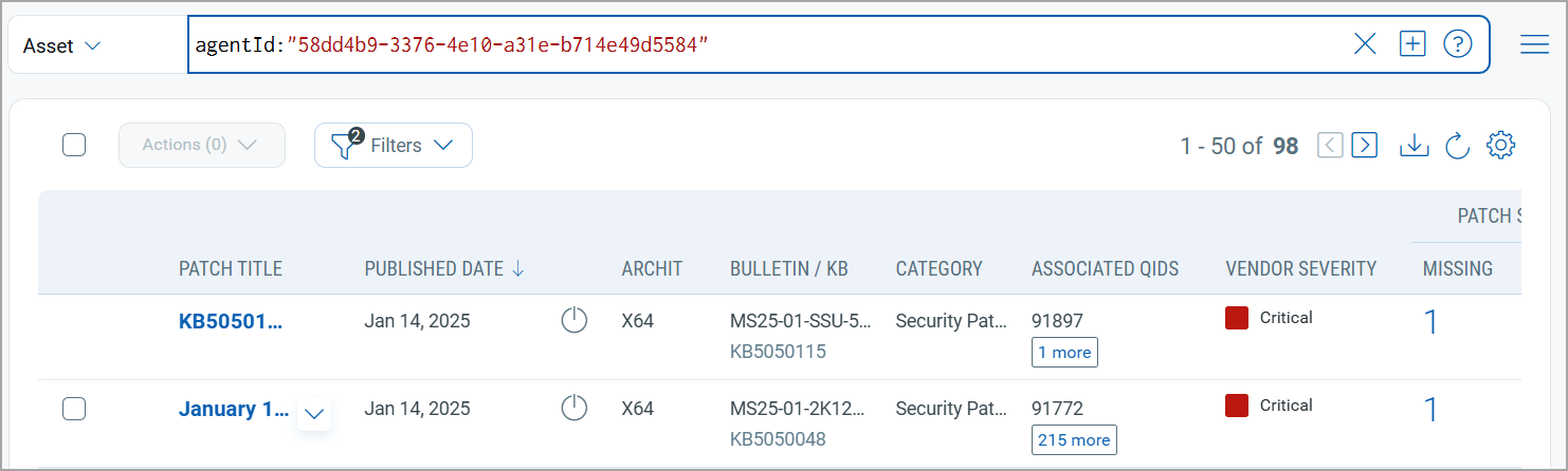 Use category and patchstatus tokens to find assets missing security patches.