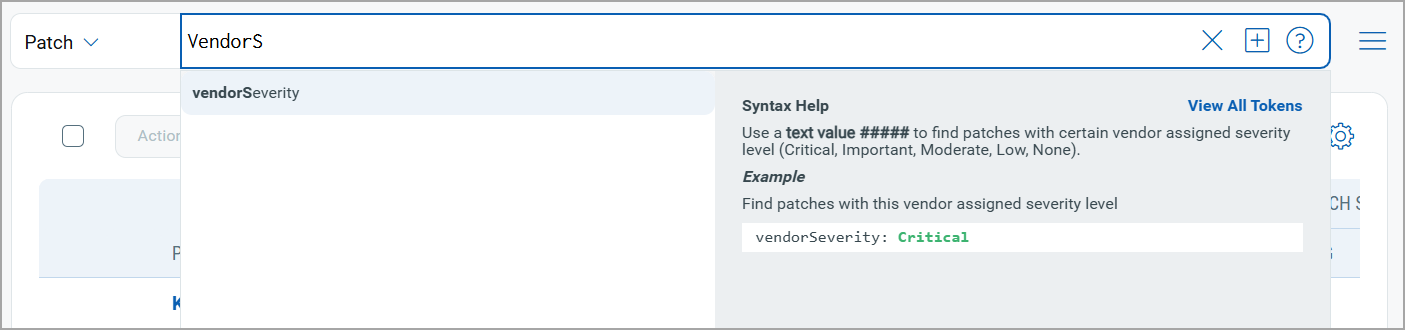 Entering a token name in the search field shows corresponding syntax help for the token.