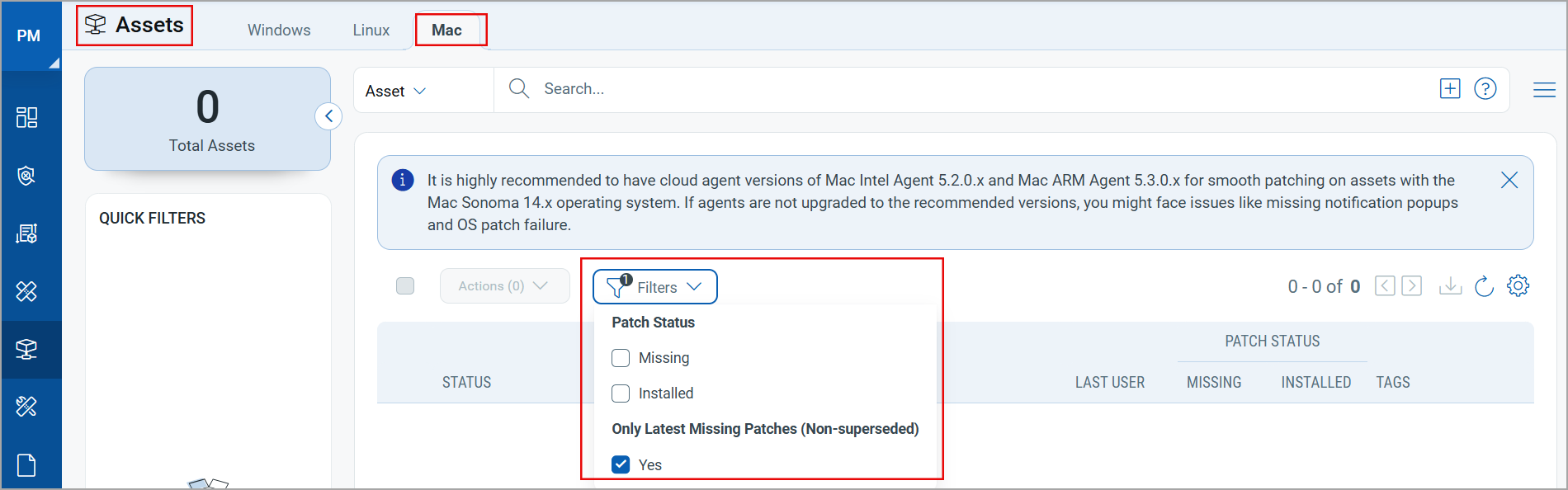 filters for mac assets from assets tab