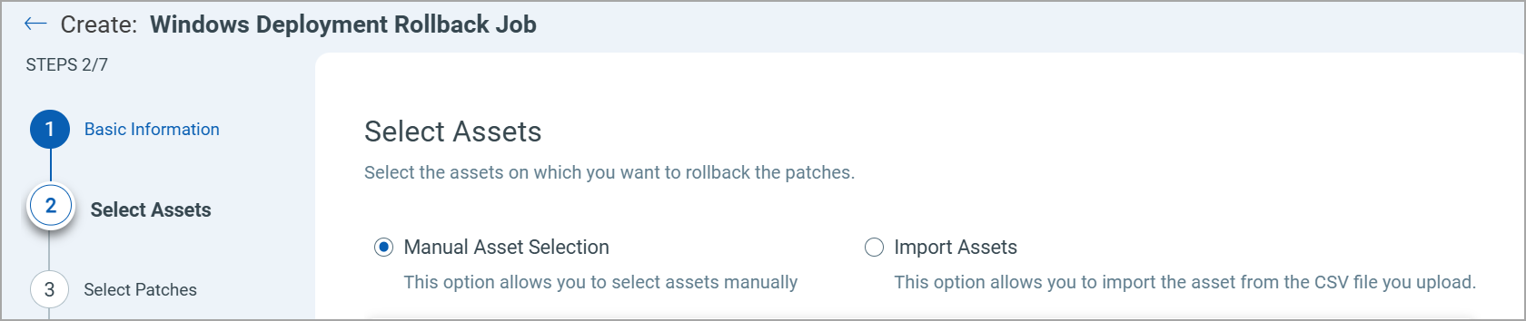 Windows Rollback Job Asset Selection.