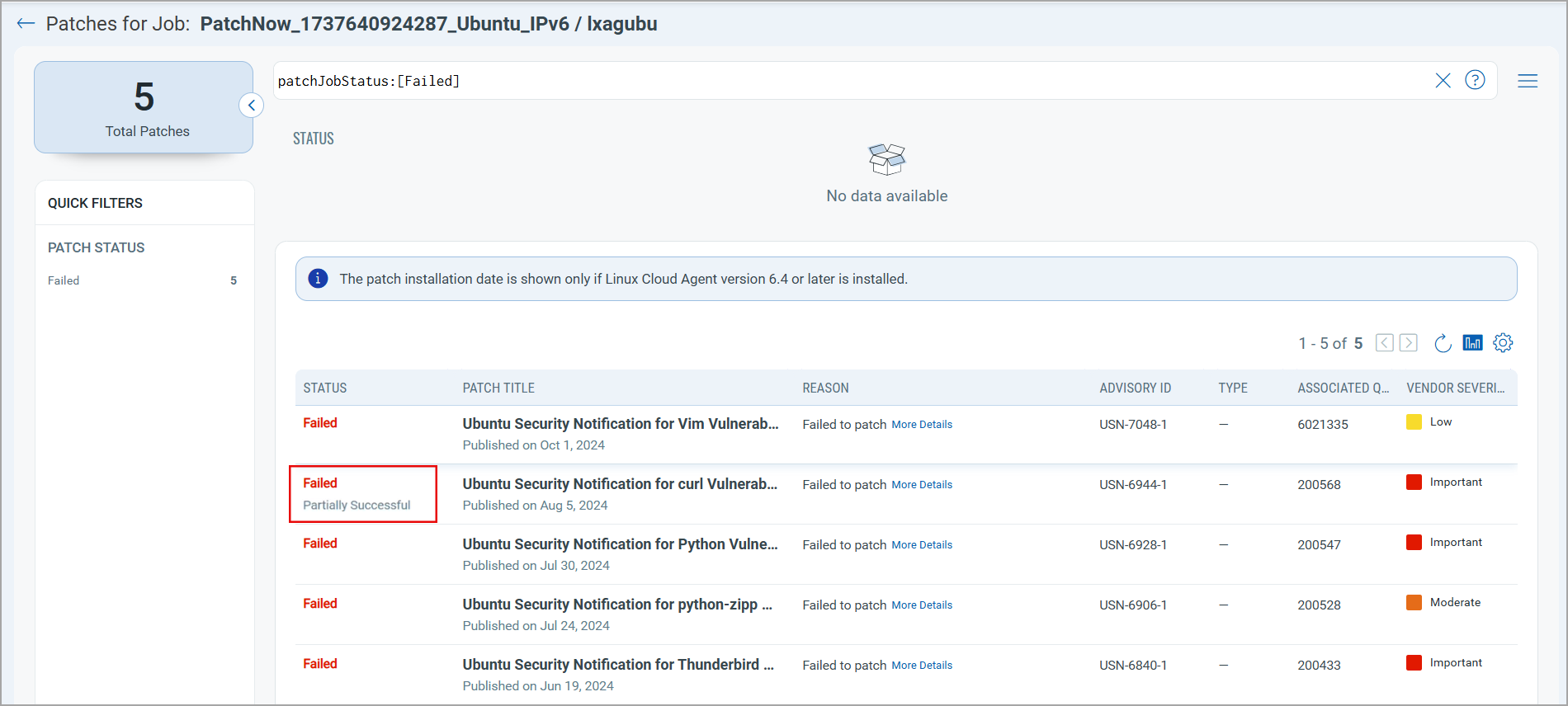 Partially Successful text for Failed Linux Patch.