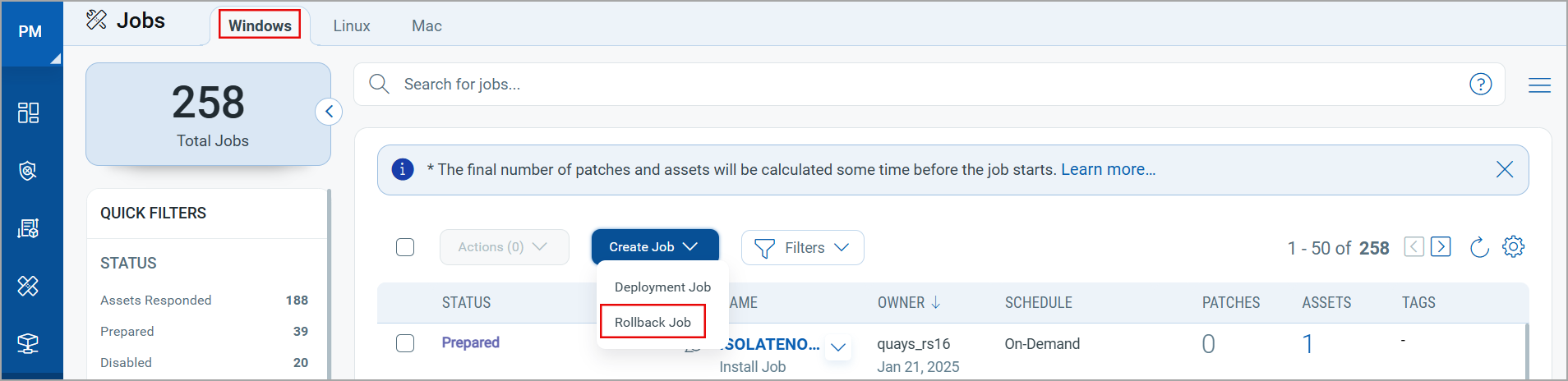 Windows Rollback Job creation.