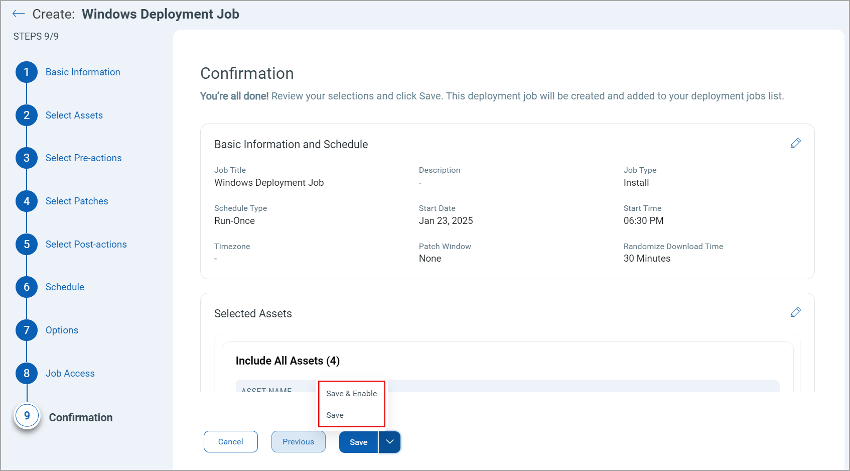 Save drop-down button showing options to save a deployment job.