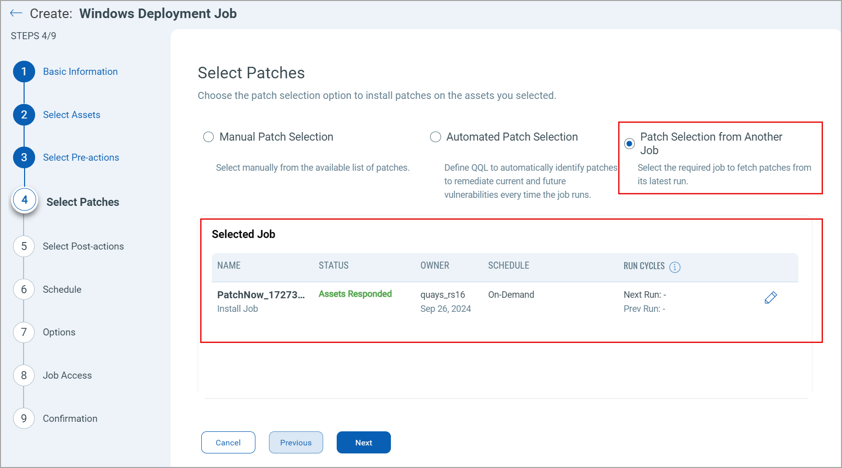 Patch Selection from Another Job display.
