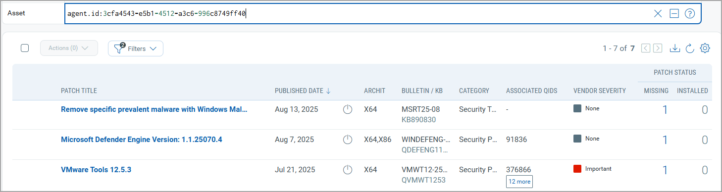 Use category and patchstatus tokens to find assets missing security patches.