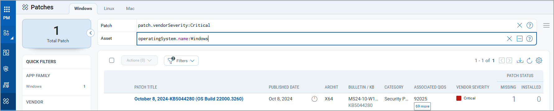 Use the operatingsystem token to see Windows patches.