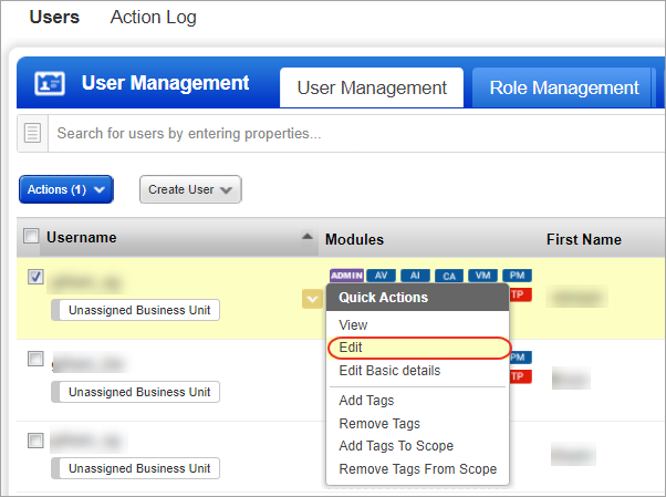 The quick Actions menu shows the edit option for a selected user in the User Management tab.