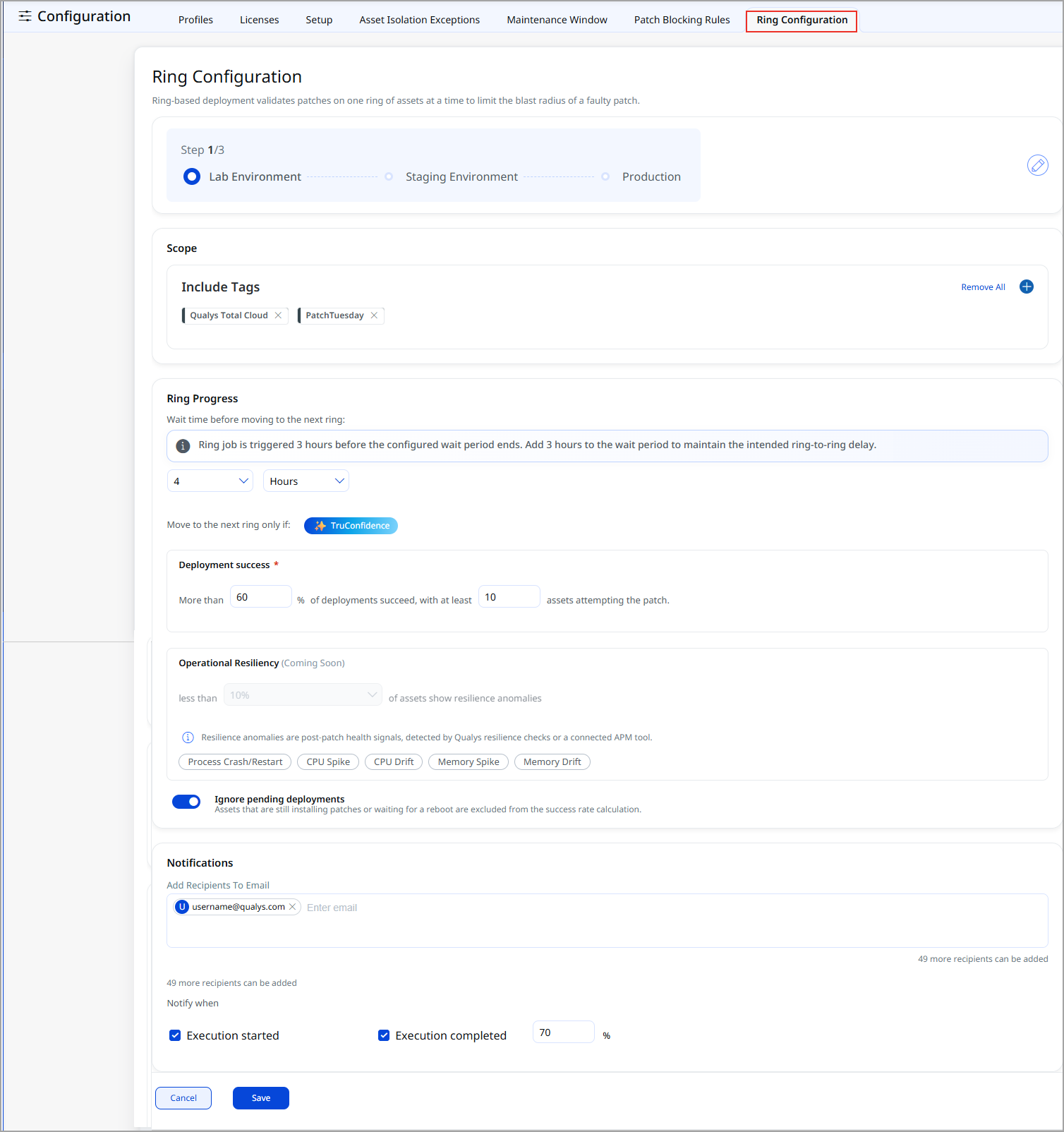 RIng Configuration tab that has all settings to configure the lab, staging and production rings.
