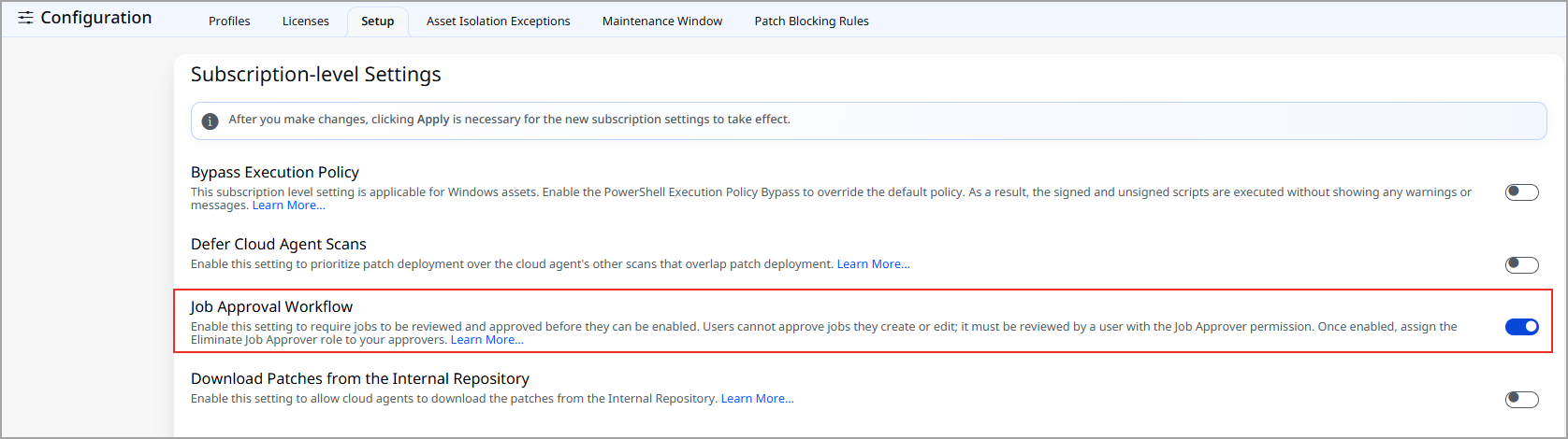 Job Approval Workflow toggle in Configuration > Setup