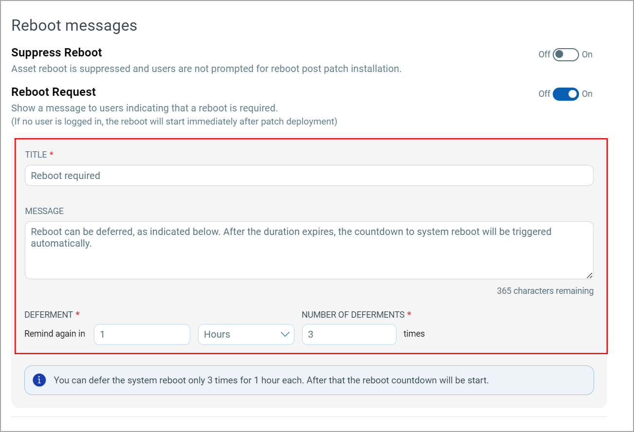 Reboot request message settings