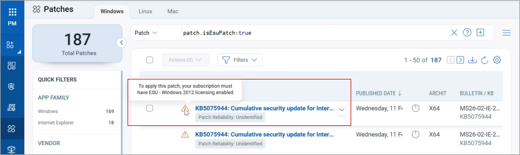 InfO Message on Patches Page for ESU License Not Supported