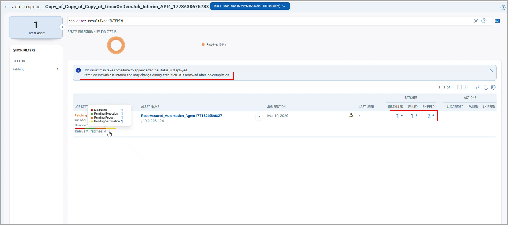 Interim Patch Result Count for Linux Assets