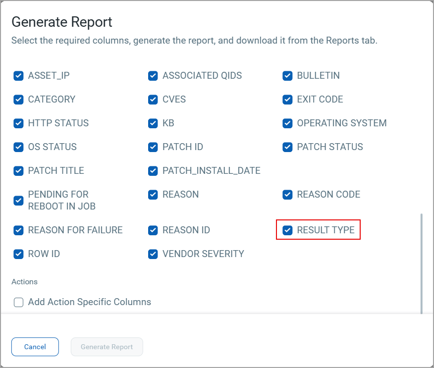 Result Type New column Generate Report window