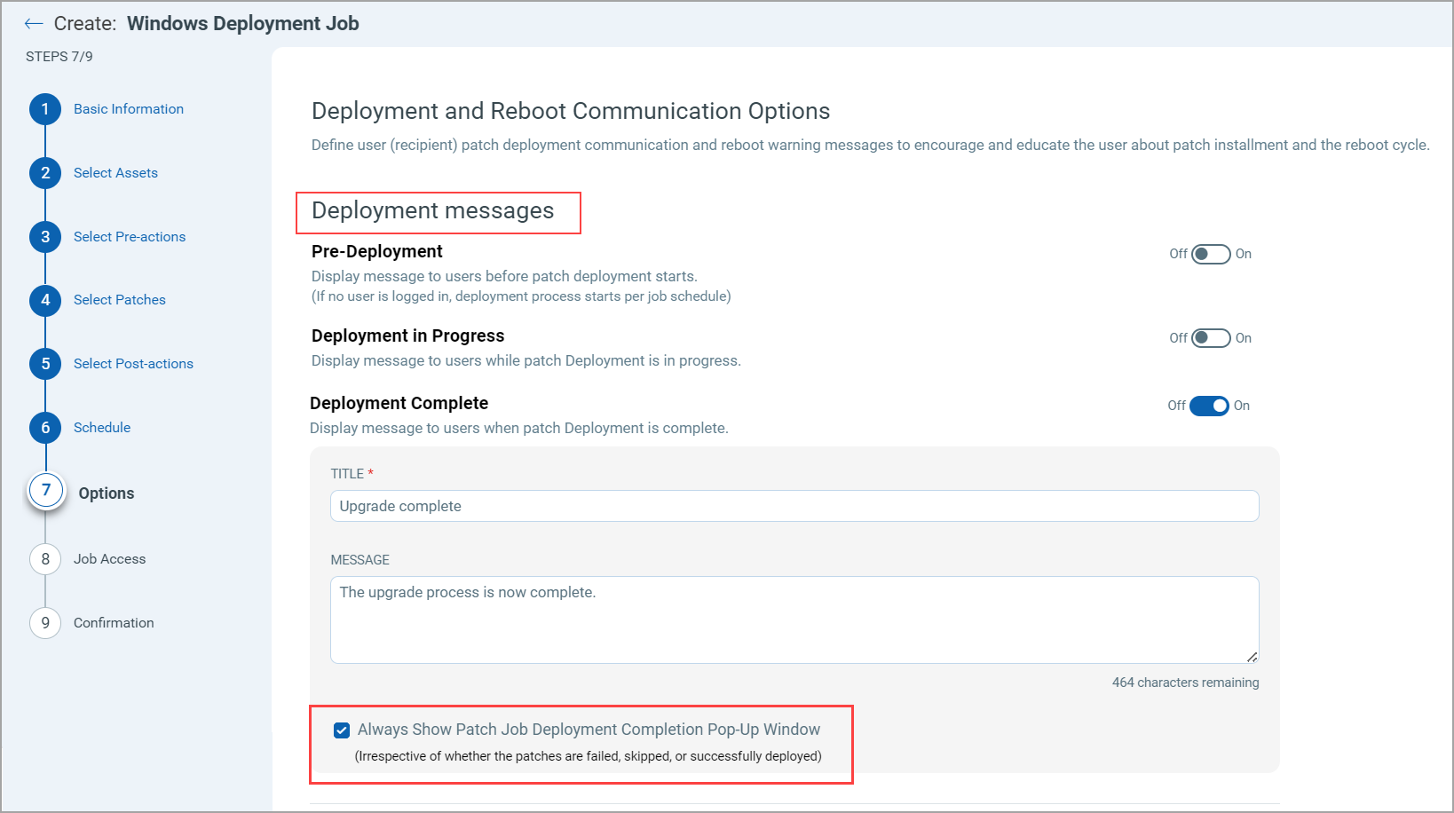 Always Show Patch Job Deployment Completion Pop-Up Window toggle.