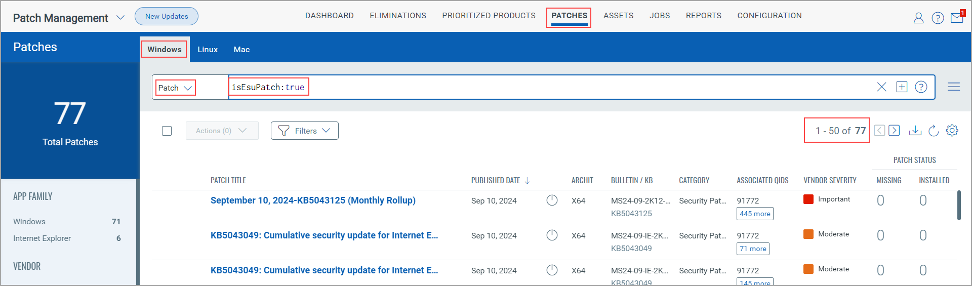 isEsuPatch QQL search token result.