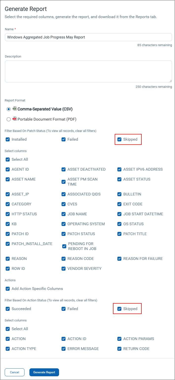 Skipped Patch and Action Filter for Aggregated Job Progress Report