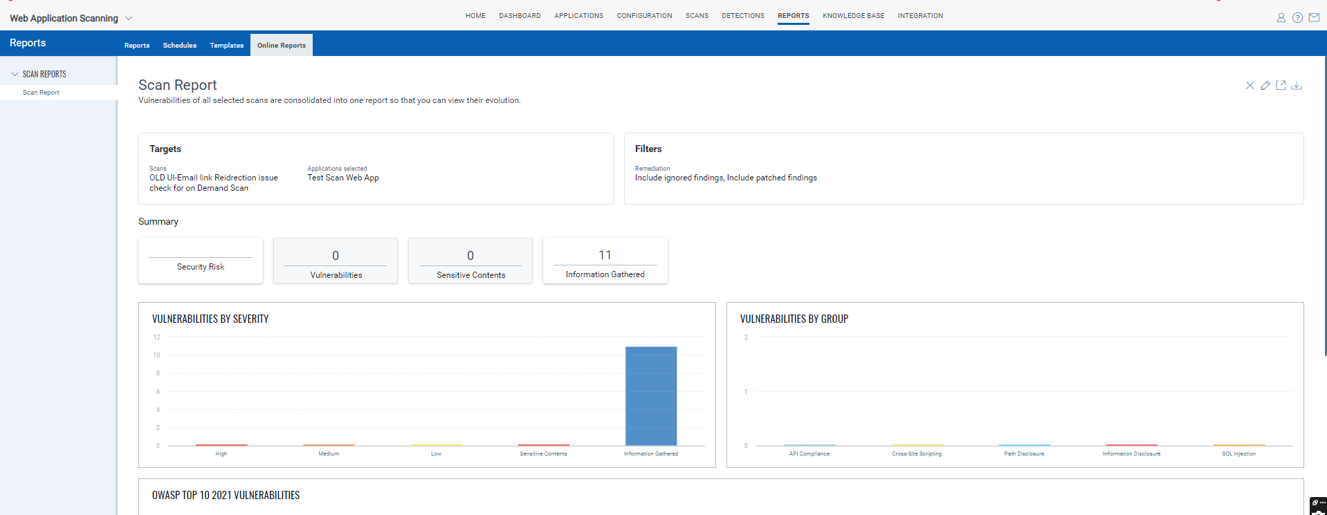 Online Reports tab displays scan report