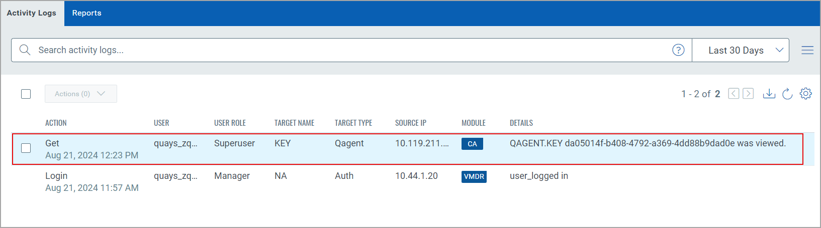 Activation Key change logs.