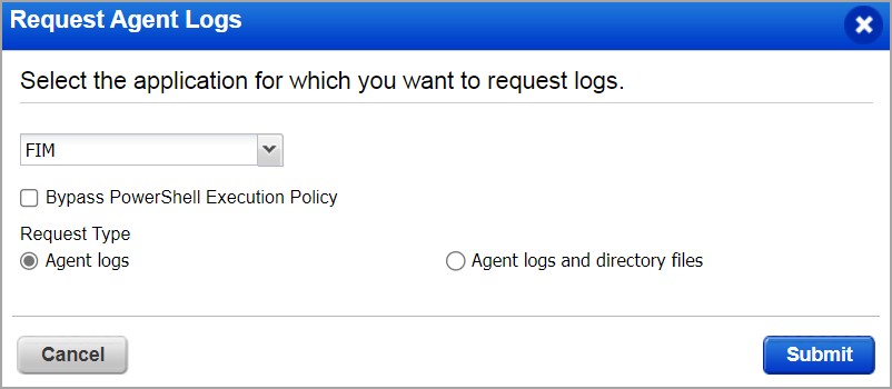 Window to create Agent Log Download request. 