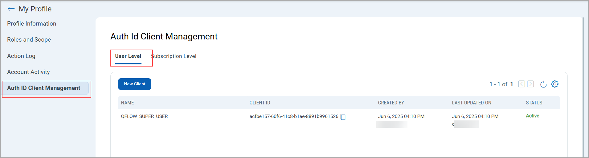 View Auth ID Client Management.