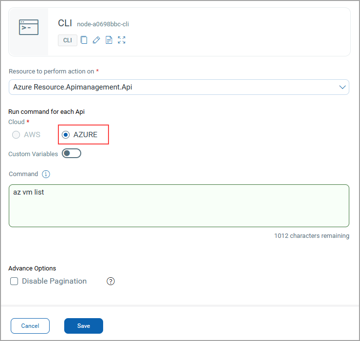 view CLI node for azure option.