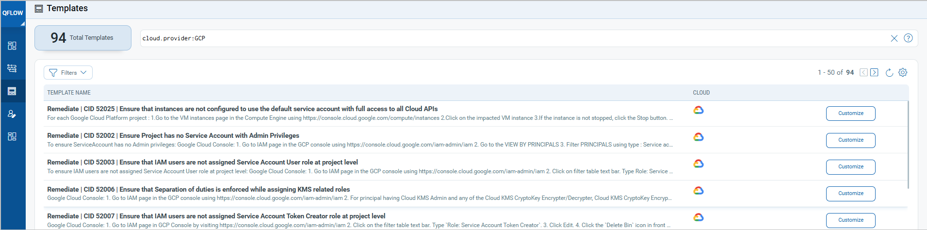 A list of GCP templates for QFlow