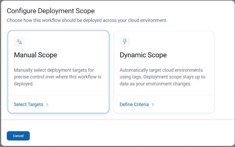 QFlow workflow deployment configuration screen with Manual Scope option