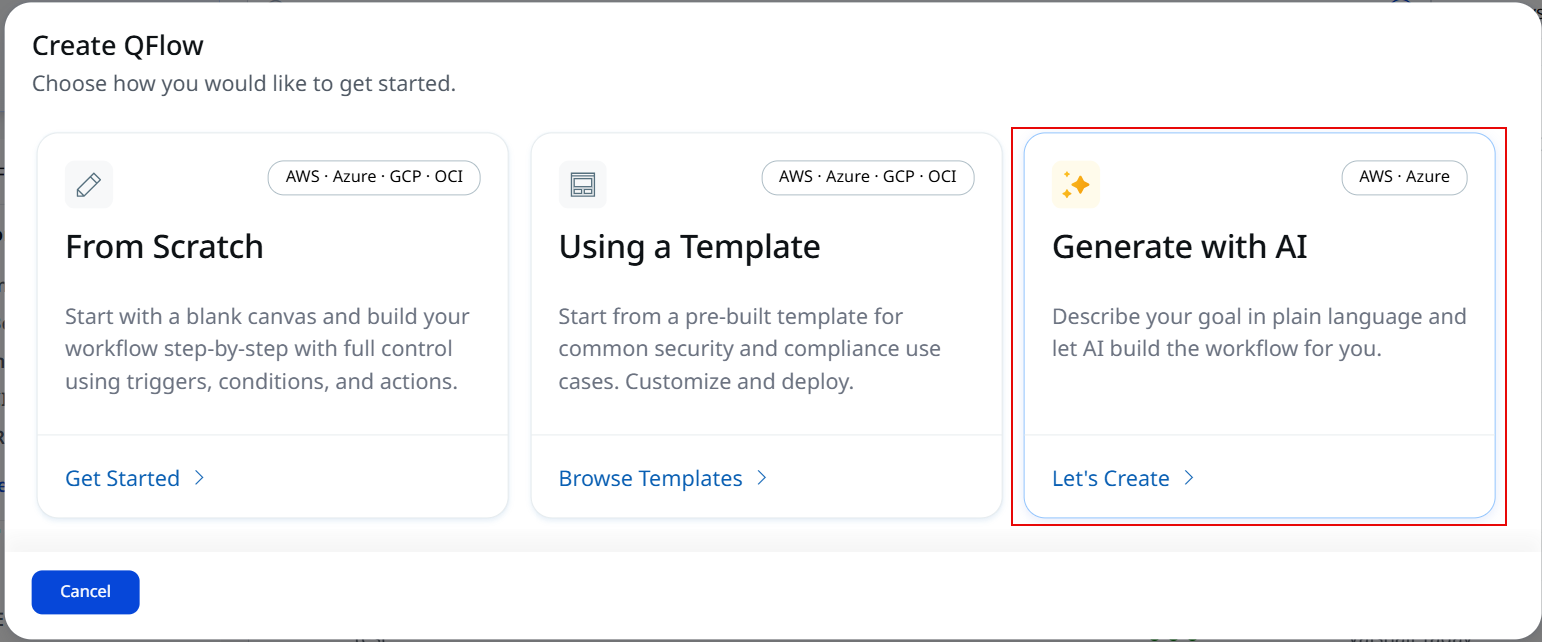 QFlow Create Workflow screen with the Generate with AI option
